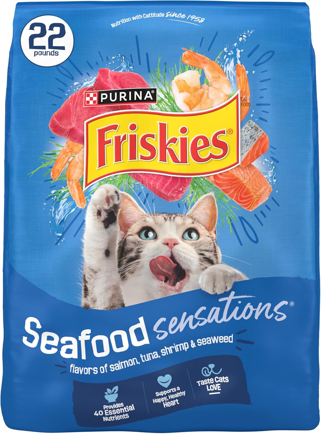 Purina Friskies Dry Cat Food Seafood Sensations With Salmon, Tuna, and Shrimp Flavors – 22 lb. Bag