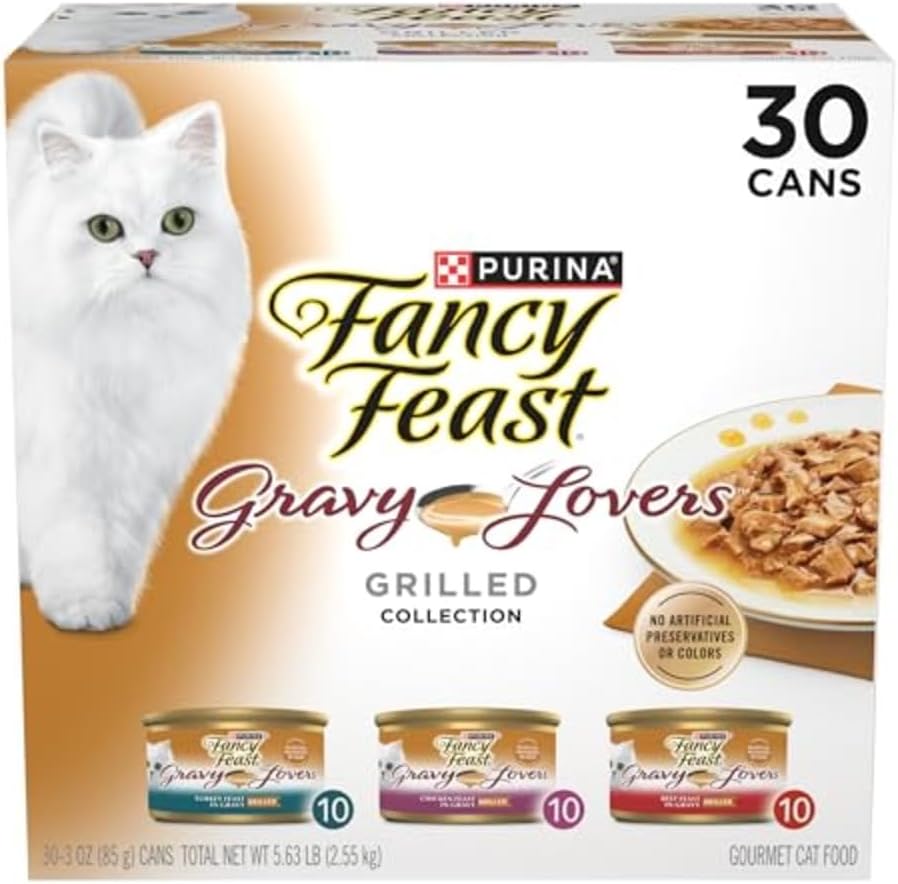 Purina Fancy Feast Gravy Lovers Poultry and Beef Grilled Gourmet Wet Cat Food Variety Pack – (Pack of 30) 3 oz. Cans