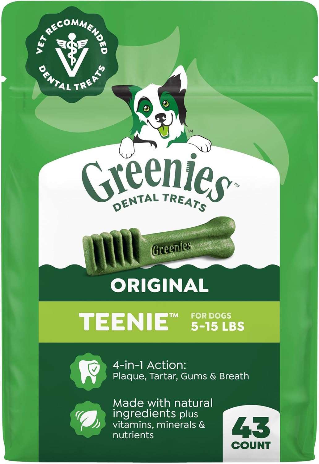 Greenies Veterinarian-Recommended Adult Natural Dental Dog Treats Teenie Size, Dog Dental Chews, Original Flavor, 12 oz. Pack, 43 Count